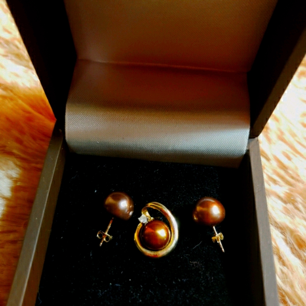 14K SOLID YG 9.7 MM EACH ROUND CHOC TAHITIAN SET - Picture 6 of 11